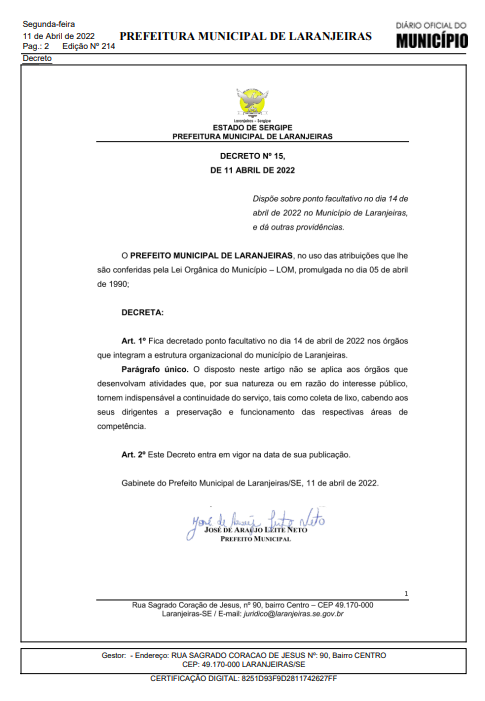 Juca decreta ponto facultativo em Laranjeiras nesta quinta-feira, 14