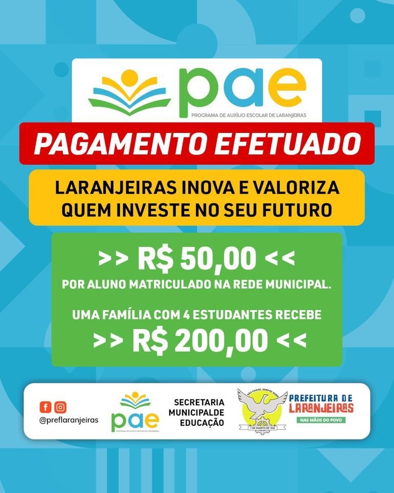 Prefeitura de Laranjeiras efetua pagamento do PAE nesta sexta, 10