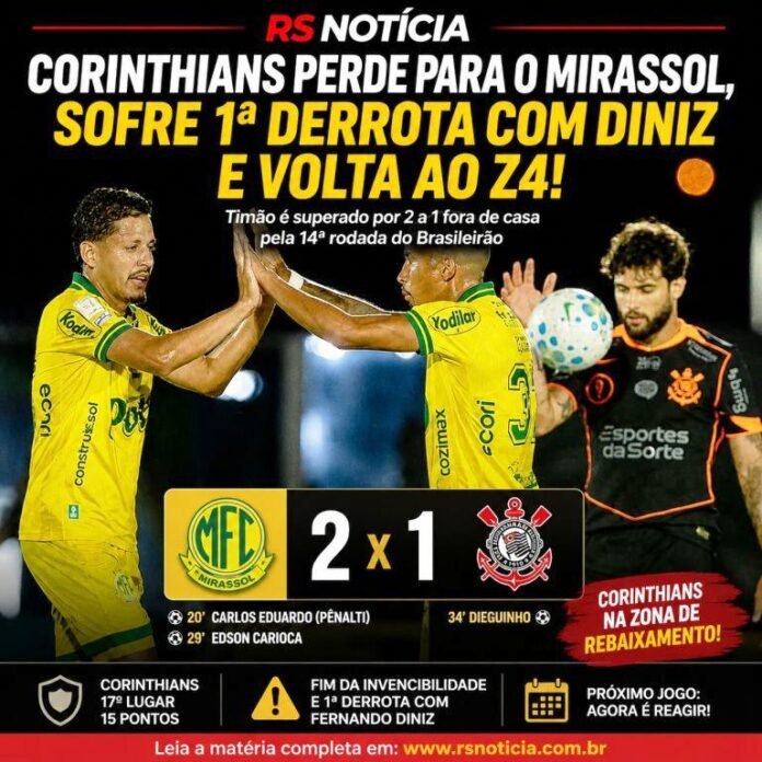 Corinthians perde para o Mirassol, cai no Z4 e sofre 1ª derrota com Diniz