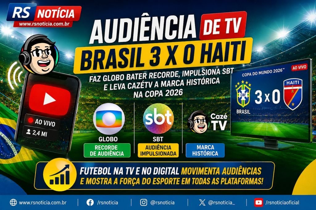 Audiência de TV: Brasil 3 x 0 Haiti faz Globo bater recorde, impulsiona SBT e leva CazéTV a marca histórica na Copa 2026