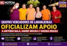 Eleições 2026: Quatro vereadores de Laranjeiras confirmam apoio a Antônio Bala, André Moura e Yandra Moura em ato político Eleições 2026: Quatro vereadores de Laranjeiras confirmam apoio a Antônio Bala, André Moura e Yandra Moura em ato político