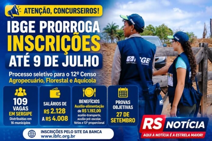 IBGE prorroga inscrições para processo seletivo com 109 vagas em Sergipe; prazo vai até 9 de julho