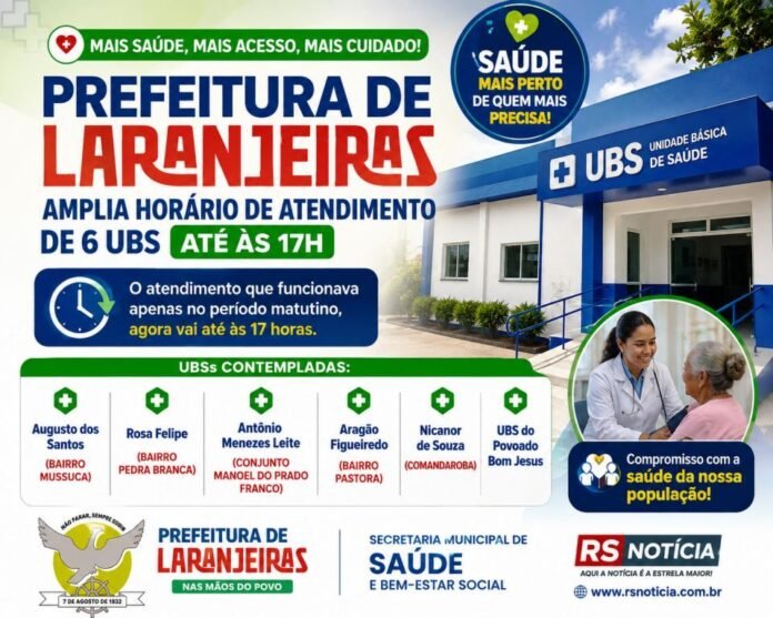 Saúde mais perto da população: Prefeitura de Laranjeiras amplia atendimento de seis UBSs até as 17h