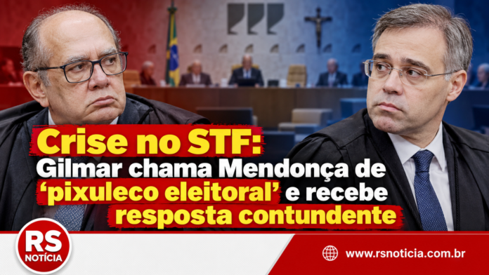 Com base na manchete (Crise no STF: Gilmar chama Mendonça de “pixuleco eleitoral” e recebe resposta contundente), e crie imagem card para postagem da reportagem no RS NOTÍCIA e nas redes sociais, mantendo a logo no rodapé como no modelo em anexo