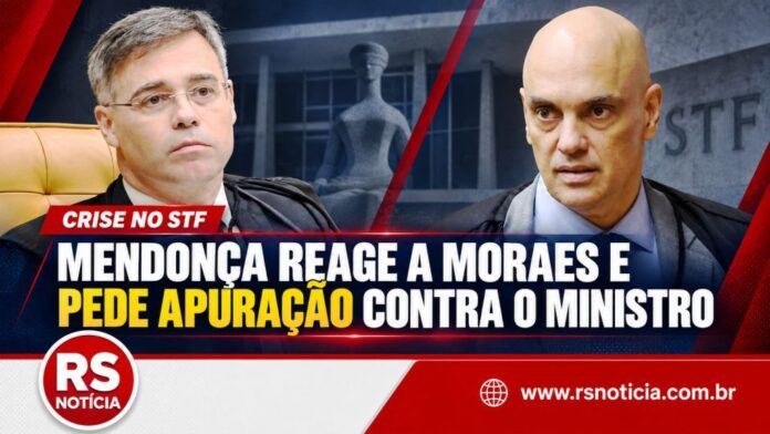 Com base na manchete (Crise no STF se agrava: Mendonça reage a Moraes e pede apuração contra o ministro) e com a foto em anexo, crie imagem card para postagem da reportagem no RS NOTÍCIA e nas redes sociais, mantendo a logo no rodapé como no modelo em anexo