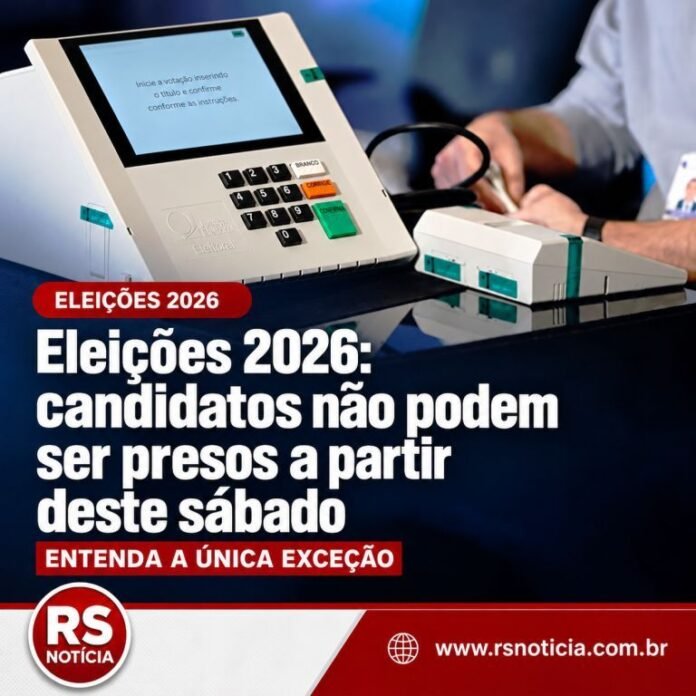 Com base na manchete (Eleições 2026: candidatos não podem ser presos a partir deste sábado; entenda a única exceção), e na foto seguinte, crie imagem card para postagem da reportagem no RS NOTÍCIA e nas redes sociais, mantendo a logo no rodapé como no modelo em anexo