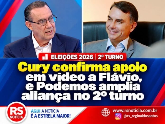 Com base na manchete (Eleições 2026: Cury confirma apoio em vídeo a Flávio, e Podemos amplia aliança no 2º turno) e na foto em anexo, e crie imagem card para postagem da reportagem no RS NOTÍCIA e nas redes sociais, mantendo a logo no rodapé como no modelo em anexo.
