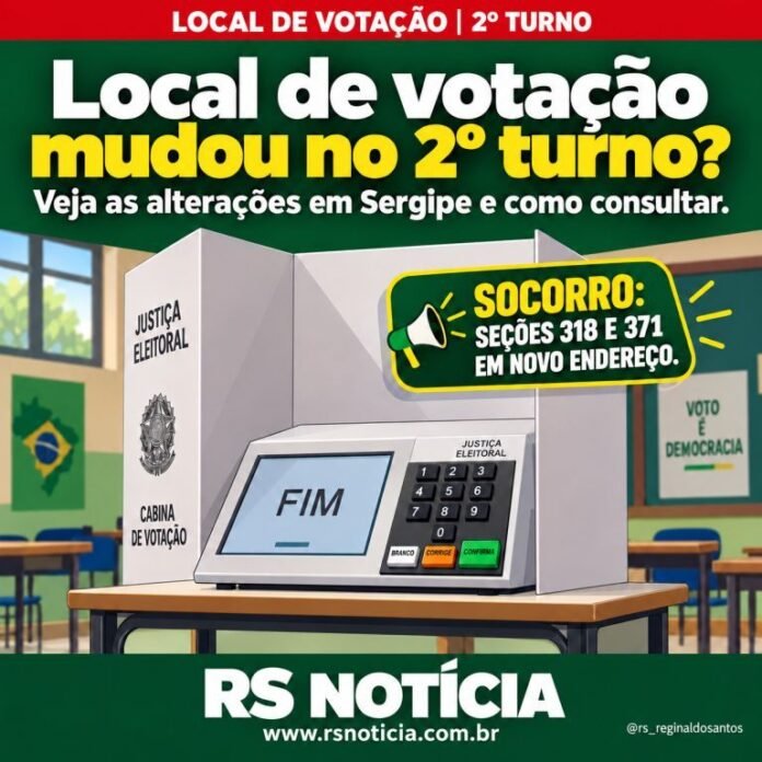 Com base na manchete (Local de votação mudou no 2º turno? Veja as alterações em Sergipe e como consultar) e nas fotos em anexo, e crie imagem card para postagem da reportagem no RS NOTÍCIA e nas redes sociais, mantendo a logo no rodapé como no modelo em anexo.