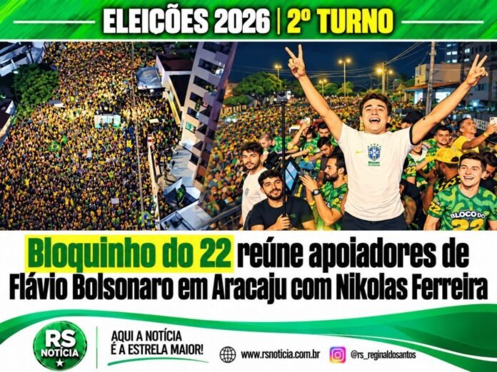 Com base na manchete (Bloquinho do 22 reúne apoiadores de Flávio Bolsonaro em Aracaju com Nikolas Ferreira) e nas fotos em anexo, e crie imagem card para postagem da reportagem no RS NOTÍCIA e nas redes sociais, mantendo a logo no rodapé como no modelo em anexo.